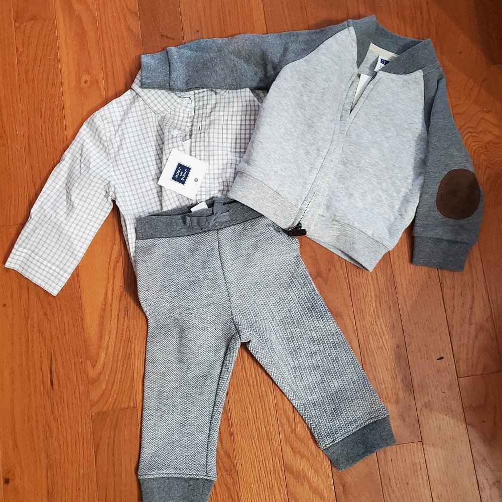 NWT 3 Pc. Boy Janie and Jack Pant Set 6-12 M Gray and white COZY AND CUTE